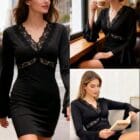 Μίνι Φόρεμα "Αέρινη Σαγήνη" με δαντελένια V λαιμόκοψη και μανίκια βολάν - "Lace Whispers Mini" - LO