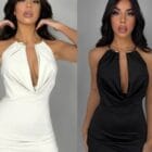 Μίνι φόρεμα με ντραπέ ντεκολτέ και χρυσό κόσμημα - Η λάμψη ξεκινά από τον λαιμό - Golden Drape - LO