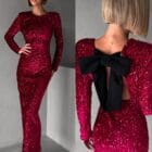 Φόρεμα , παγιέτα με Άνοιγμα Πλάτης , Σκίσιμο και Δέσιμο με Κορδέλα - Φως και Σιλουέτα - '' Lumière BackTie Gown '' - LO