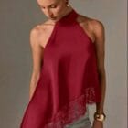 Ασύμμετρη Κομψότητα με Δαντελένια Υπογραφή , Ψηλός λαιμός , ανοιχτοί ώμοι , λοξό τελείωμα - "Asymmetric Grace with Lace Detail" - LO