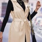 Μακρύ Γιλέκο από Δερματίνη με Ζώνη – Ιδανικό για Φθινόπωρο / Χειμώνα - "Bold Moves in Leather " - LO