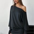 Μίνι φόρεμα , ανοιχτή πλάτη , λοξή λαιμόκοψη , μανίκια φαρδία με στενούς καρπούς - "Backless Stories" - LO