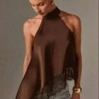 Ασύμμετρη Κομψότητα με Δαντελένια Υπογραφή , Ψηλός λαιμός , ανοιχτοί ώμοι , λοξό τελείωμα - "Asymmetric Grace with Lace Detail" - LO