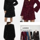 Φόρεμα όλο παγιέτα , μακρυμάνικο , σε κρουαζέ γραμμή με ζώνη στη μέση - Το κρουαζέ που μαγνητίζει - “Midnight Spark” - LO