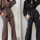 Σετ κρουαζέ μπλούζα , κλείνει με κουμπί , δική της ζώνη , παντελόνα με λάστιχο στη μέση - '' Effortless Chic '' - AD