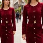 Φόρεμα Βελούδινο , χρυσά κουμπιά , ζώνη με χρυσή διακοσμητική αγκράφα - Το Φόρεμα της Πολυτέλειας - '' Luxury Velvet with Golden Accents '' - LO