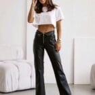 Μοντέρνο Δερματίνη Παντελόνι με Ασημένιες Πινελιές και Σχέδιο Γιακά - ''Collar‑Style Waist Leatherette Pants'' - LO