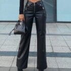 Μοντέρνο Δερματίνη Παντελόνι με Ασημένιες Πινελιές και Σχέδιο Γιακά - ''Collar‑Style Waist Leatherette Pants'' - LO