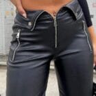 Μοντέρνο Δερματίνη Παντελόνι με Ασημένιες Πινελιές και Σχέδιο Γιακά - ''Collar‑Style Waist Leatherette Pants'' - LO