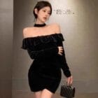 Μίνι Βελούδινο Φόρεμα Εξωμο με Βολάν και Μακριά Μανίκια - ''Velour Kiss'' - LO