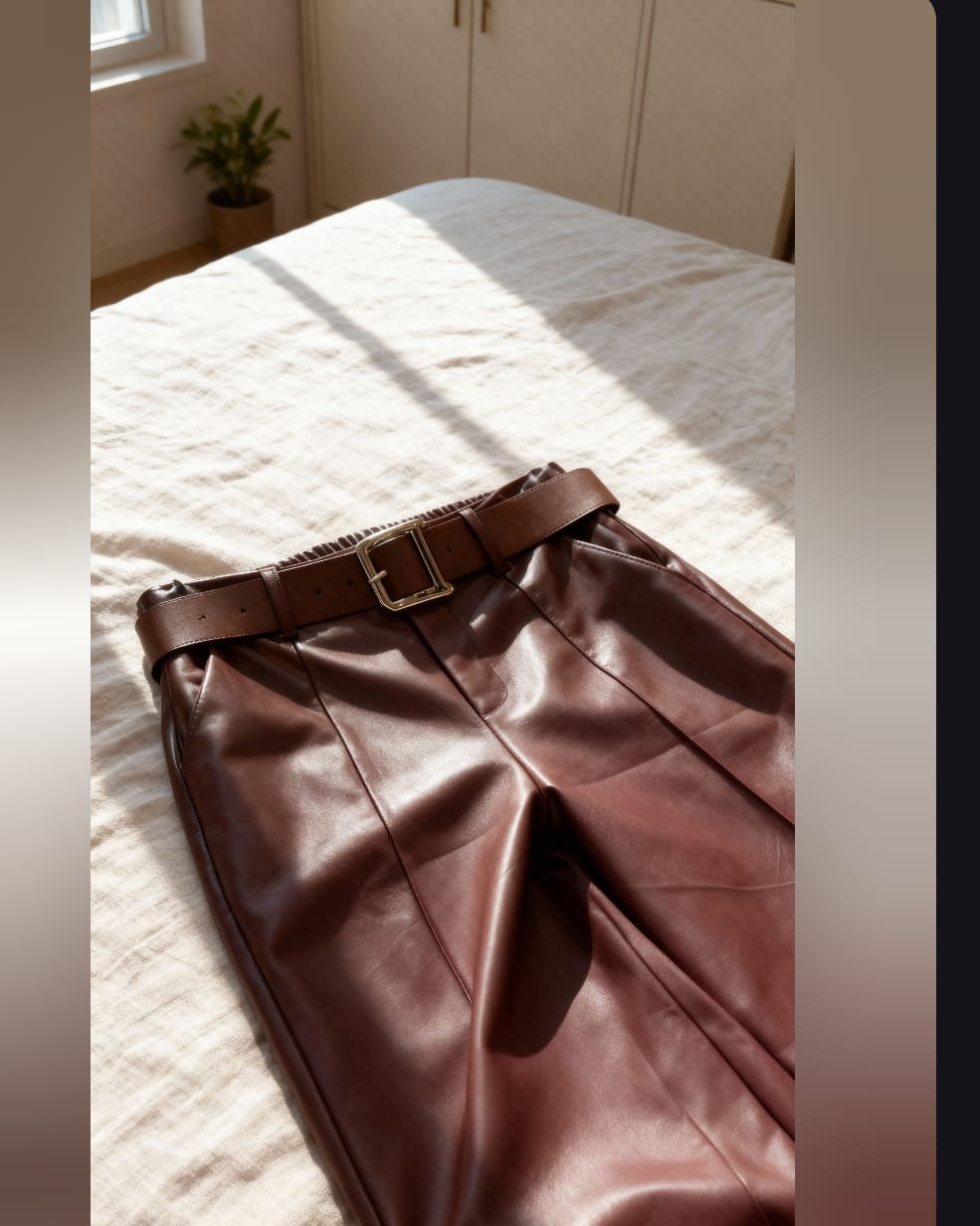 Δερμάτινο Παντελόνι με Μπροστινή Ραφή ,Τσέπες & Ζώνη - ''Leather Line Belted Pants'' - AD