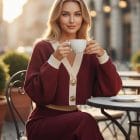 Δίχρωμο Πλεκτό Σετ με Χρυσοκλωστή , Μπλούζα V Ντεκολτέ & Παντελόνι με Διακοσμητικές Τσέπες - ''Gold Thread Relaxed Knit Set'' - AD