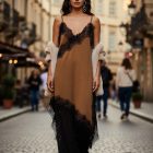 Lingerie PLUS SIZE που γίνεται φόρεμα , τιράντες , λοξή δαντέλα , ασύμμετρο τελείωμα - ''Silken Versatility" - ΗΟ