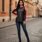 Μπλούζα PLUS SIZE με Ανοιχτούς Ώμους & Cut-Out Σχέδιο , Δερματίνη , λευκή λωρίδα sporty chic vibe - '' "Leather Accent" - HO