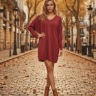 Μπλουζοφόρεμα με V Λαιμόκοψη , Μακριά Μανίκια και Λεπτομέρειες Χρυσοκλωστής - ''Golden Thread V-Neck Tunic'' - AD