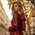 Φόρεμα Παγιέτα με Λαιμόκοψη Χαμόγελο , Μακριά Μανίκια & Άνοιγμα με Δέσιμο στην πλάτη - ''Shimmer Bow Cut‑Out Dress'' - AD