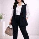 Plus Size Μαύρο σετ με αμάνικο γιλέκο , γιακά και παντελόνι κοστουμιού - ''Black Tailored Vest Set'' - HO