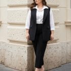 Plus Size Μαύρο σετ με αμάνικο γιλέκο , γιακά και παντελόνι κοστουμιού - ''Black Tailored Vest Set'' - HO